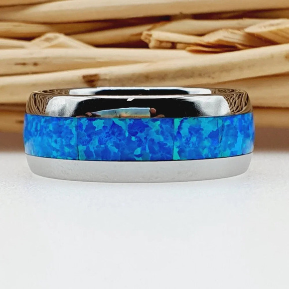 " Silver Tungsten Wedding Ring With Blue Opal Inlay, GALTUN598 - Picture 5 of 6